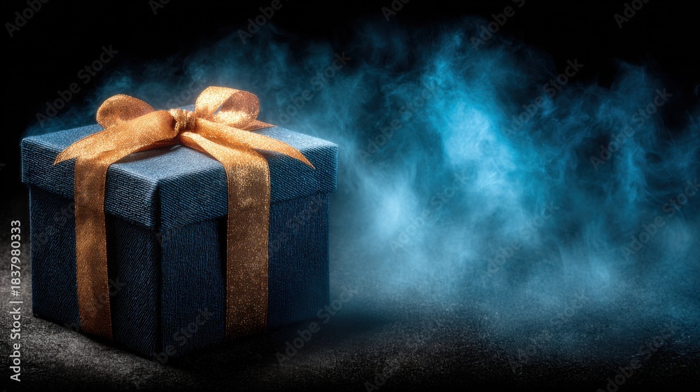 Obraz premium Blue Gift Box with Orange Ribbon and Smoky Background