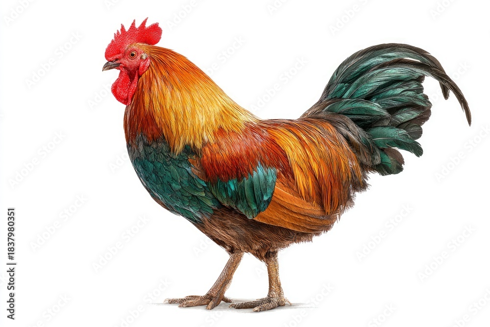 Fototapeta premium A magnificent rooster stands proudly in profile against a pristine white background, showcasing its vibrant and detailed plumage. The bird features a striking red comb and wattle, beautifully contrast