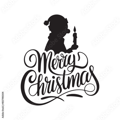 Merry Christmas Calligraphy Script with Child Silhouette Holding a Lit Candle.