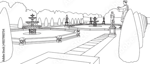 Black and white line drawing of a formal garden with fountains and statues sculpture