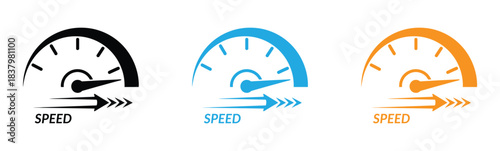 Speedometer Icon. Speed Logo Symbol. Gauge Meter Icon. Tachometer or Odometer Display. Professional speed gauge icons showing fast performance metrics. Vector Illustration.