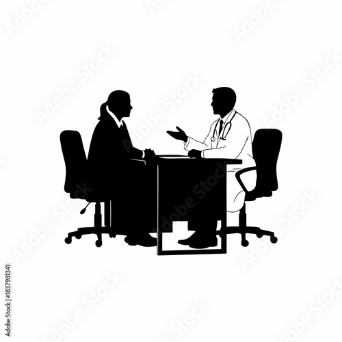 vector silhouette of a patient consulting a doctor with a white background