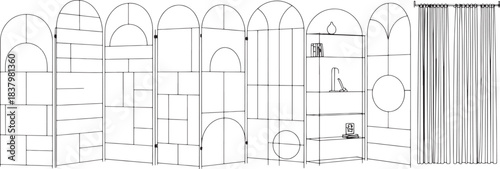 Black outline room dividers with arched tops and shelving unit with vase and books folding screen partition