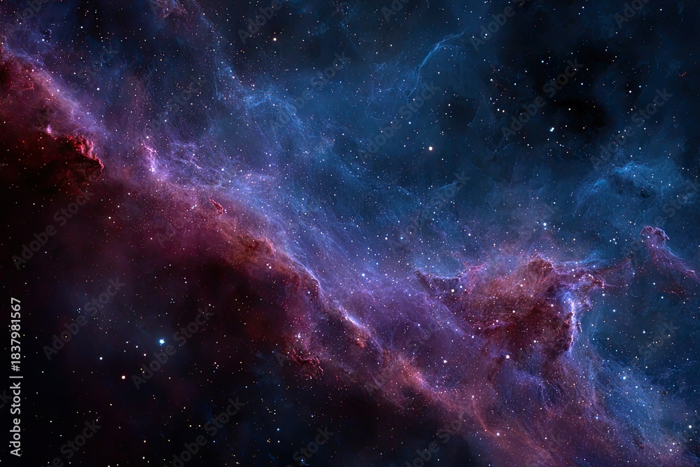 Obraz premium A vibrant nebula reveals a tapestry of cosmic clouds, with purple, blue, and red hues