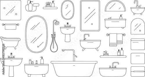 Collection of bathroom fixtures and accessories in a line art style sink bathtub
