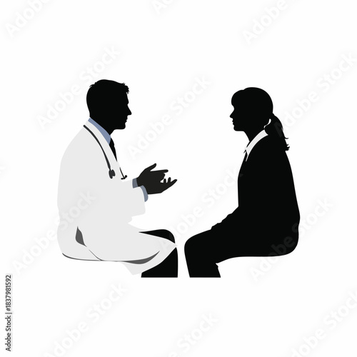 Vector silhouette of a doctor consulting a patient on a white background