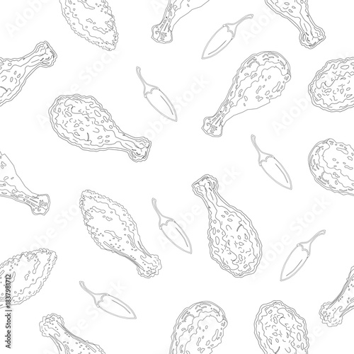 Spicy Fried Chicken Seamless Pattern. Chili Pepper Doodle Background. Crispy Chicken Outline Design for Food Packaging. Restaurant Branding Repeat Art.