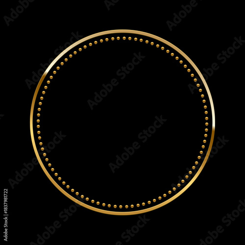 Golden circle frame on black background. Metallic round border with dotted edge and smooth glossy reflection. Elegant minimal design for badge, button, or emblem. Luxury style vector illustration.
