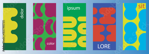 Abstract colorful patterned vertical rectangles with text elements displayed side by side