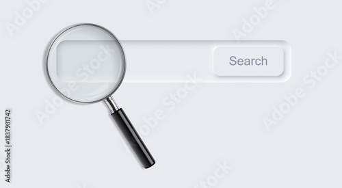 SEO background. Search magnifying glass interface on light with large lens placed over search bar. Marketing modern UI element. Minimal vector illustration in neomorphism style.