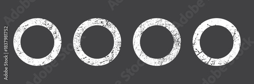 Grunge frames set. Collection of white photo round borders with scratched, splattered, dirty textures on black background for vintage design or photo overlays. Retro vector illustration.