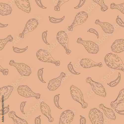 Spicy Fried Chicken Seamless Pattern. Chili Pepper Doodle Background. Crispy Chicken Outline Design for Food Packaging. Restaurant Branding Repeat Art.