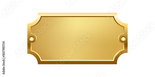 Blank golden nameplate plaque with decorative edges and screw holes. Empty metallic label for engraving, signage, awards, door signs. Realistic vector illustration.