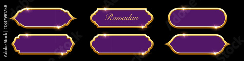 Ramadan frames. Islamic frames with gold borders shown as purple decorative labels in traditional Arabian shapes. Set of banners for Ramadhan and oriental festive design. Luxury vector illustration.