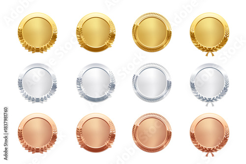 Gold, silver, bronze circle medals. Metal coins. First, second, third place award frames isolated on white background. Winners trophy. Blank shiny badge, label. Realistic vector illustration.