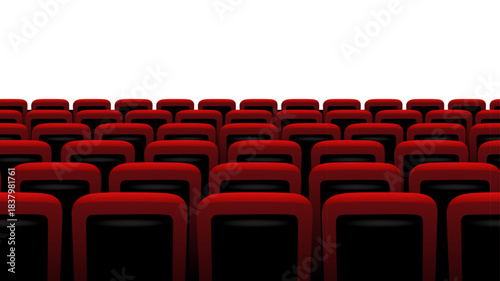 Cinema, theater chair screen background with rows of red velvet seats facing bright empty space. Movie atmosphere created by deep shadows and clean perspective. Seamless realistic vector illustration.