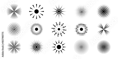 Wave pattern sound icon set with concentric circles and radial lines. Abstract circular symbols representing pulse signal vibration or radar effect. Modern geometric medical vector illustration.