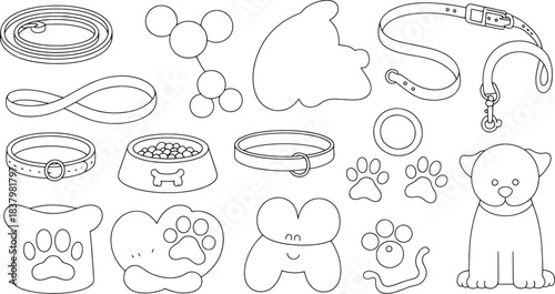Collection of black and white line art pet care items and dog illustration animal