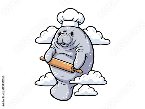 A cute cartoon manatee wearing a chef's hat and holding a rolling pin, surrounded by fluffy clouds.