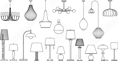 Collection of black line art decorative lighting fixtures and lamps chandelier pendant light