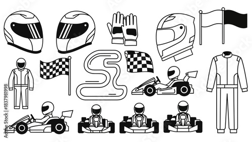Set of Go-Kart Racing Outline Icons: Helmets, Driver, Track Layout, Gloves, Checkered Flag, and Karts (Monochrome Vector)