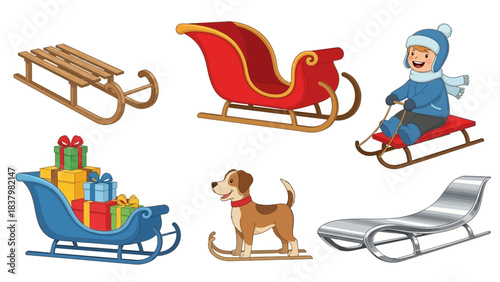 Set of Sled Illustrations: Wooden Sleigh, Santa's Red Sled, Sled with Gifts, Metal Sled, and a Child and Dog Riding Sleds