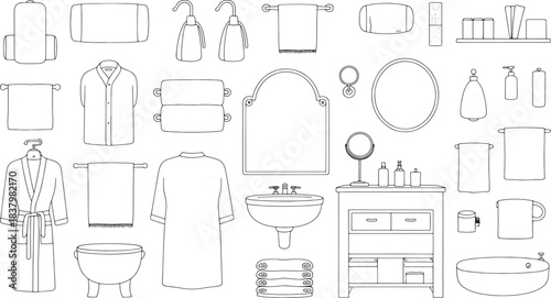 Collection of hand drawn hotel bathroom amenities and fixtures toiletries towels
