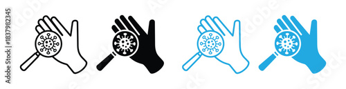 Bacteria, Germs, Microbes, Bacilli on Dirty Hands Line and Silhouette Icon Set. Magnifier and Human Hand with Virus and Bacteria Symbol Collection. Medical Research Sign. Isolated Vector illustration.