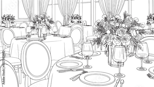 Elegant line art illustration of a formal dining table setting with floral arrangements vector