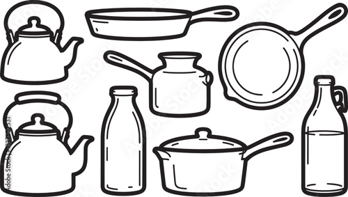 Collection of vintage kitchenware including kettles pots pans and bottles vector