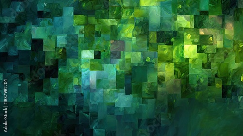 an abstract digital artwork featuring vibrant green tones overlaid with a grid like pattern that resembles a pixelated effect
