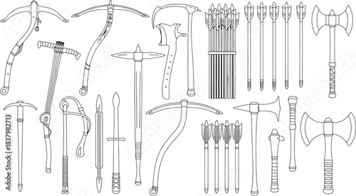 Line art collection of medieval weapons and arrows on white background historical weapons ancient weapons