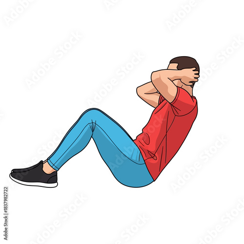 Man Performing Sit-Up Exercise with Hands Behind Head.