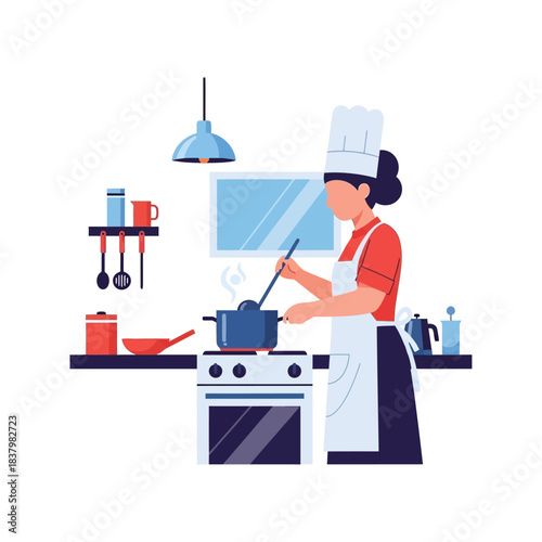 Chef cooking in a kitchen with a pot on the stove.