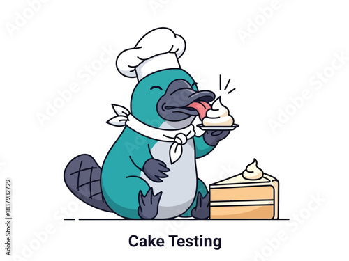 A cute cartoon platypus wearing a chef's hat and bib, licking frosting off a small cake.