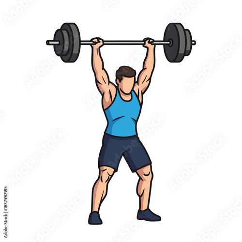 Man Lifting Barbell Overhead in Gym Workout.