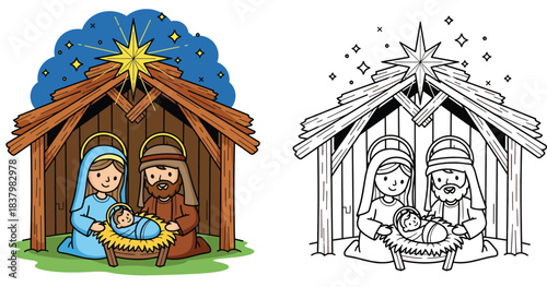 Christmas nativity scene vector illustration with coloring page outline featuring Mary Joseph and Baby Jesus in wooden stable under star cute cartoon holy family doodle for kids education
