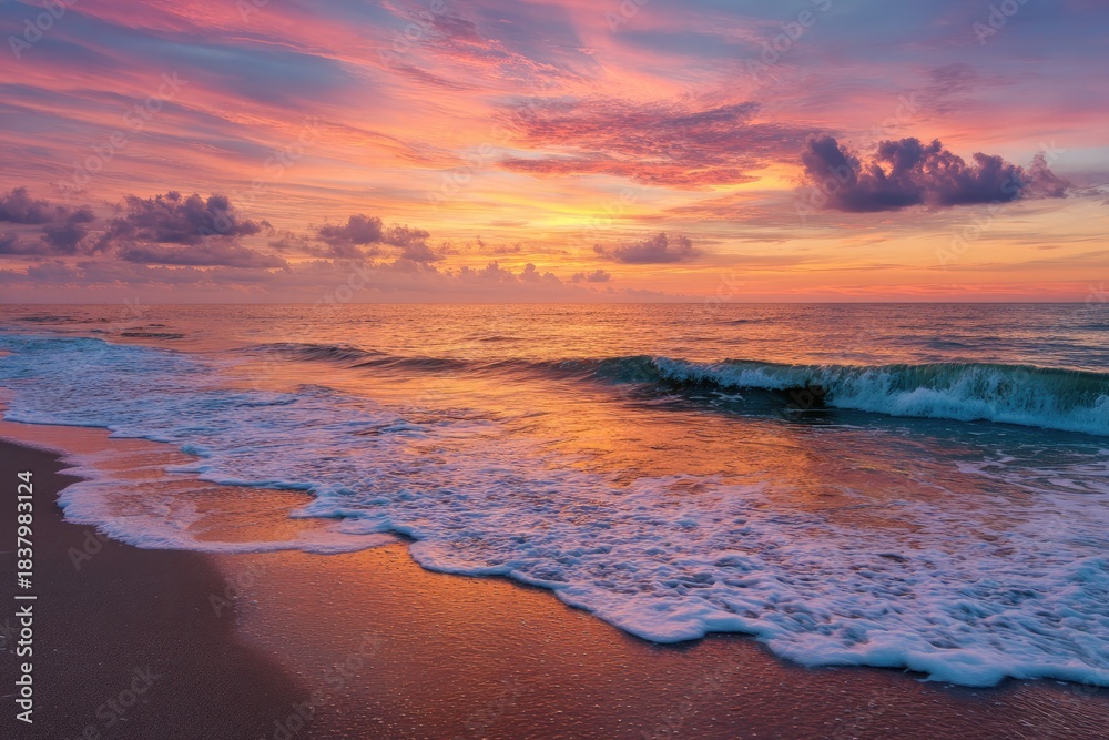 Obraz premium Vivid sunset paints the sky above a beach. Waves gently lap the shore reflecting colorful hues