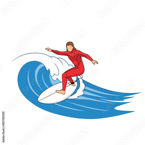 Surfer riding a wave in a red wetsuit.