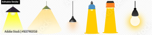 Hanging Lamp & Spotlight Icon Set – Modern Ceiling Lights with Glow Effect (Editable Stroke).