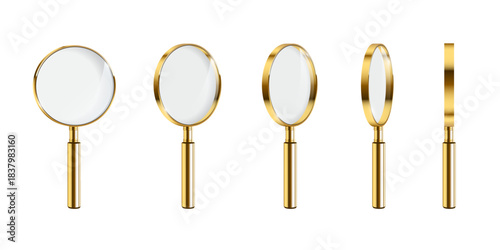 Magnifying glass set of five gold handled lenses in different angles and positions. 3D detailed loupe icons for search, zoom, inspection, scientific study concepts. Realistic vector illustration.