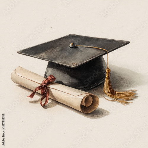 a classical academic regalia set with a mortarboard hat, tassel, and diploma, all traditionally associated with academic achievement