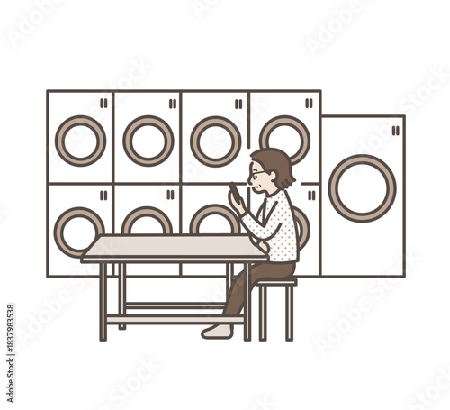 コインランドリーを利用中スマホを見る40代女性のイラスト