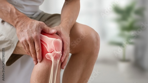Photorealistic close-up of a man sitting and holding his painful knee with both hands. Arthrits pain theme