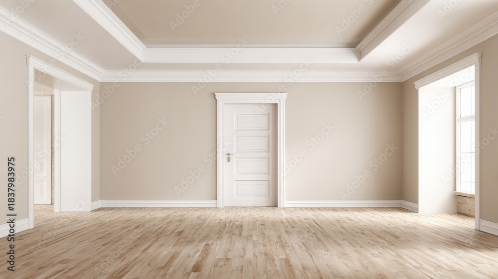 Fototapeta premium Empty Room with Neutral Walls, White Trim and Light Wood Floor Ready for Design and Decoration