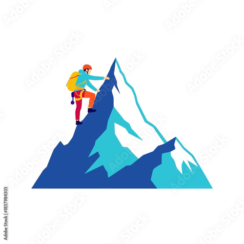Mountain climber with backpack ascending a snowy peak.