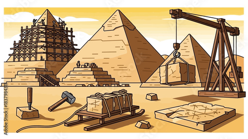 Detailed Historical Illustration Depicting the Construction of Ancient Egyptian Pyramids, Showing Workers Transporting Large Stone Blocks on Sledges, Utilizing a Wooden Crane Mechanism, and Erecting S