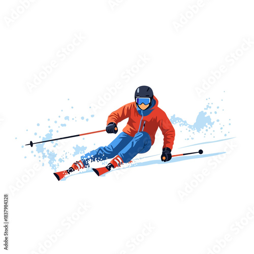 Skier in orange jacket and blue pants skiing down a snowy slope.