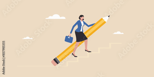 Businesswoman confidently climbing a giant pencil as a staircase to success
