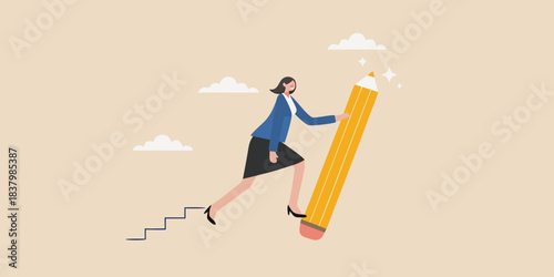 Woman drawing a path forward with a giant yellow pencil